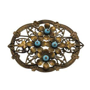 Early Vintage Brass Open Metal Flower Brooch w Turquoise Blue Accents